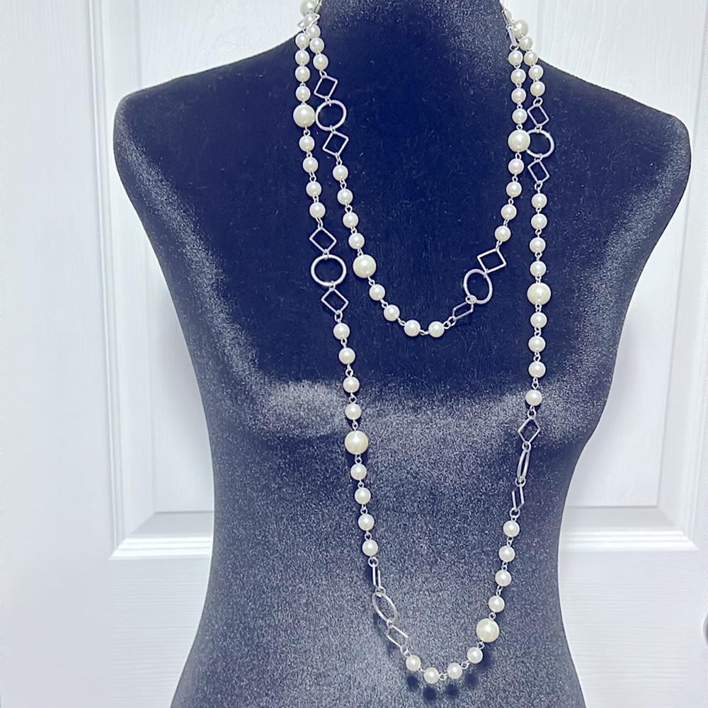 Extra Long Silver Marked C1946 Pearl Necklace - image 2